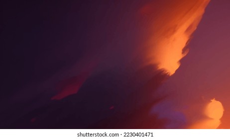Sunset dawn clouds in fantasy style on soft dark background. Summer vacation concept. Summer light backdrop. Orange background. Autumn background. Fantasy backdrop. Fantasy wallpaper.