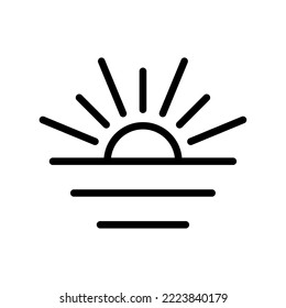 Sunset or dawn icon. Sunrise. Rising or setting sun. Symbol of morning or evening. Isolated vector illustration on white background.