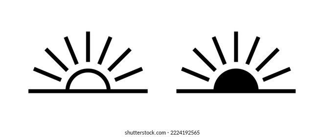 Sunset or dawn icon. Sunrise. Rising or setting sun. Symbol of morning or evening. Isolated vector illustration on white background.