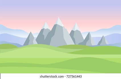 Sunset or dawn in mountains landscape - modern vector illustration. Beautiful view with snowy tops, pink and lilac sky, grey rocks, green grass, field, meadow