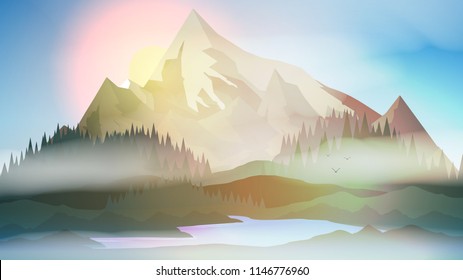Sunset or Dawn Over Mountains with Lake and Pine Forest Landscape - Vector Illustration