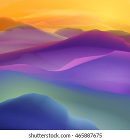 Sunset or Dawn Over the Mountains Landscape - Vector Illustration