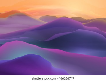 Sunset or Dawn Over the Mountains Landscape - Vector Illustration