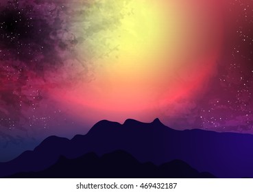 Sunset or Dawn Over the Mountains Landscape - Vector Illustration