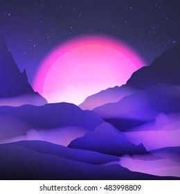 Sunset or Dawn Over the Mountains Landscape - Vector Illustration