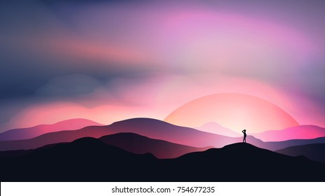 Sunset or Dawn Over Mountains with Man Staring into the Distance Landscape - Vector Illustration