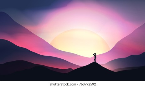 Sunset or Dawn Over Mountains with Man Staring into the Distance Landscape - Vector Illustration