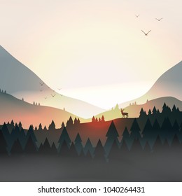 Sunset or Dawn Over Mountains with Stag on Hill Top Pine Forest Landscape - Vector Illustration