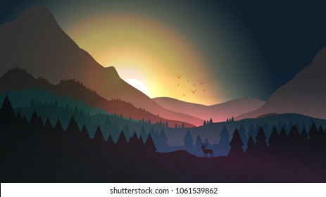 Sunset or Dawn Over Mountains with Stag on Hill Top Pine Forest Landscape - Vector Illustration
