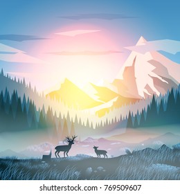 Sunset or Dawn Over Mountains with Stag on Hill Top Pine Forest Landscape - Vector Illustration