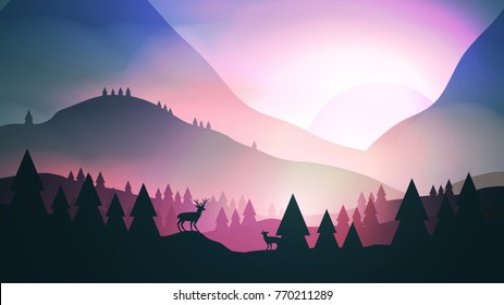 Sunset or Dawn Over Mountains with Stag on Hill Top Pine Forest Landscape - Vector Illustration