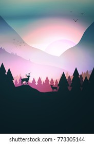 Sunset or Dawn Over Mountains with Stag on Hill Top Pine Forest Landscape - Vector Illustration