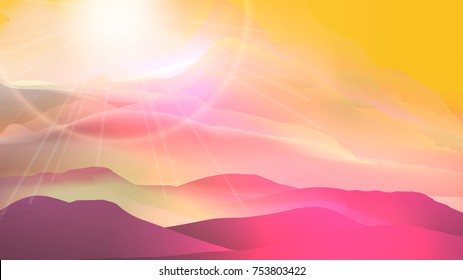 Sunset or Dawn Over Silk Mountains Landscape - Vector Illustration