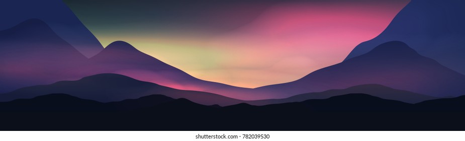 Sunset or Dawn Over Silk Mountains Landscape Panorama - Vector Illustration