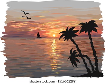 Sunset or dawn at sea. The sun illuminates the sky and water with red-orange light. Seascape. Against the background of twilight, the black silhouette of palm trees, birds and a boat. Realistic vector