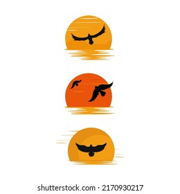 Sunset, dawn. The silhouette of a bird and the sea. Vector logo, emblem. A design element. Set.