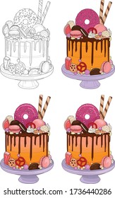 Sunset decorated cakes with colorful cream, chocolate, donut and sprinkles in four different ways. Summer vector illustration set, sketch in black and white. Coloring paper, page, book