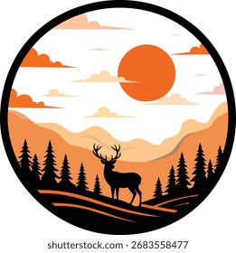 Silhueta de veado de pôr do sol na floresta com montanhas e pinheiro ilustração vetor