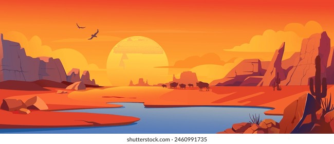 Sunset in desert background banner in cartoon design. Dry sand space with with mountains and lake view in drought valley, bull silhouettes, wildlife cactus, flying birds. Vector cartoon illustration