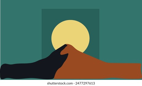 Sunset in the desert behind a sandy mountain, landscape horizon with hill and sun in minimal style