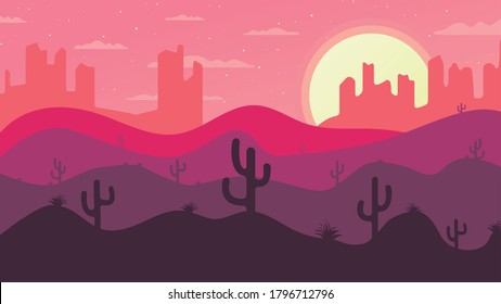 Sunset in the desert. Cacti in the desert against the backdrop of the sunset.