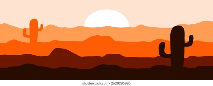 Sunset desert with cactus landscape terrain. Cartoon flat design background vector illustration. Design for banner or social media template.