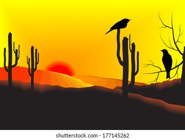 Sunset in the desert with cactus plants and birds at a branch of a tree. Vector illustration background.