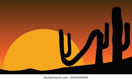 Sunset with desert and cactus. Sunset in the desert. Silhouette of cactus