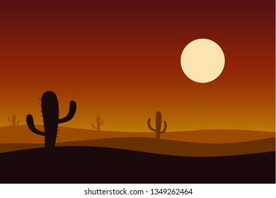 Sunset desert with cactus vector background.