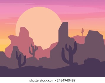 Sunset in the desert with cactuses. Vector illustration.
