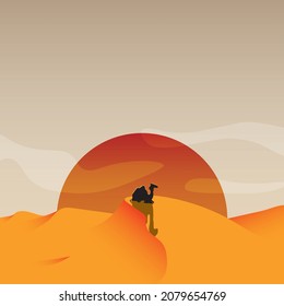 Sunset in the desert with camel illustration