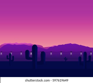 Sunset in the Desert, Colorful Sunset in the Arizona Desert with silhouette of Cactus, Vector Illustration