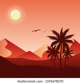 Sunset in desert colorful flat vector illustration. Palm trees silhouettes and sand dunes, pyramids on background. Beautiful evening nature, wilderness landscape, birds flying in red sky.