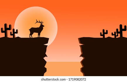 Sunset in desert with deer, cactuses and rocks