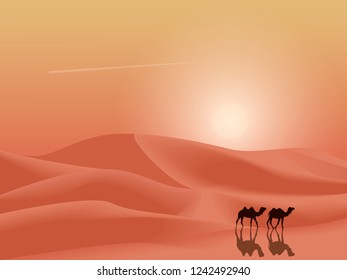 Sunset desert dunes with camels landscape background. Simple flat minimalism vector illustration.