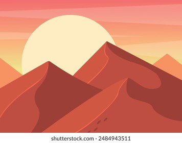 Sunset in the desert. Dunes. Gradient sky. Vector illustration in flat style.