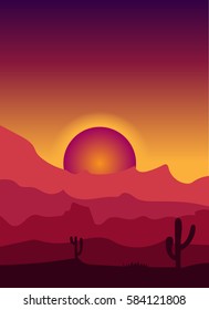 Sunset in the desert and far west. Simple illustration.