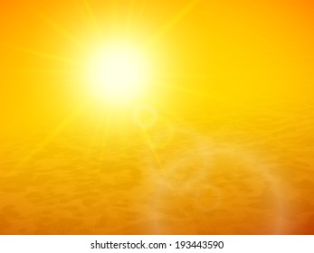 Sunset at desert, horizon with summer sun, blue ocean and clear sky, vector background illustration