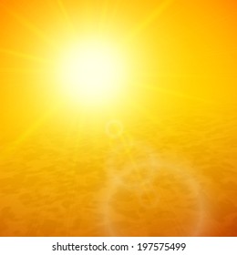 Sunset at desert, horizon with summer sun, cean and clear sky, vector background illustration