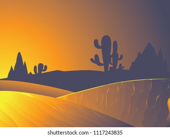 Sunset in the desert landscape with cacti and distant rocks silhouettes.