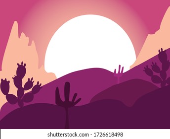 Sunset desert landscape in flat style.