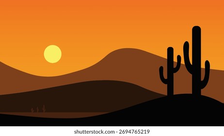 Sunset, desert landscape with heat, background illustration.