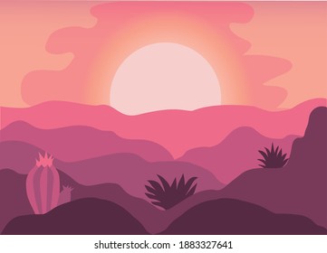 Sunset in desert landscape illustration with cactuses, mountains and abstract background.  Vector illustration in flat style. Great for landing page, banner, poster, wallpaper. 