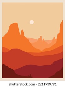 Paisaje del desierto del atardecer Colores de tierra naranja vector de mediados de siglo, Boho, Arte Muro Escandinavo Mínimalista