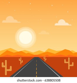 Sunset Desert Landscape with and Road and Mountains