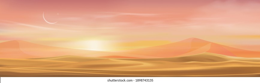 Sunset at desert landscape with sand dunes with crescent moon and star in evening for banner or background in Ramadan,Vector  Minimalist panoramic realistic cartoon of nature, sand with the moon. 