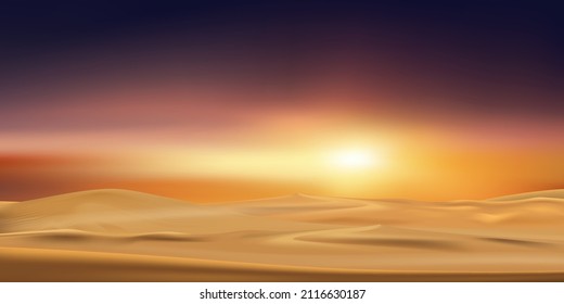 Sunset at desert landscape with sand dunes with orange sky in evening,Vector illustration beautiful nature with sunrise in the morning,Banner background for Islam,Muslim for Eid Mubarak,Eid al fitr