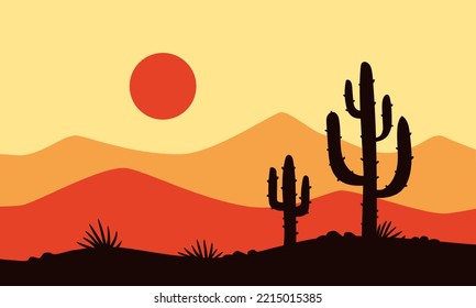 Sunset desert landscape with silhouettes of mountains and cacti.  Wild West background. Red sun over the wilderness of Mexico, Texas or Arizona. Hand drawn Vector illustration in flat cartoon style. 