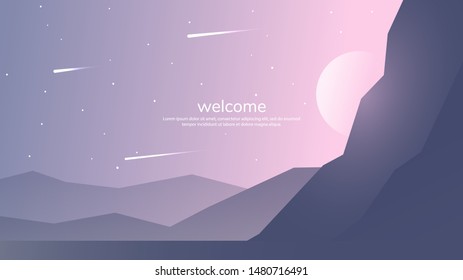 Sunset in the desert or moon from the mountain. Flat vector landscape. Web page template. Minimalistic background. Polygonal concept
