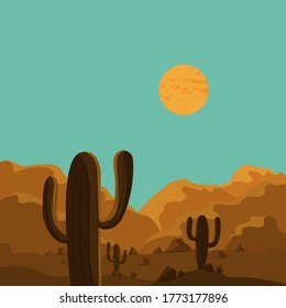 Sunset in the desert with mountains and cactuses. Vector illustration.